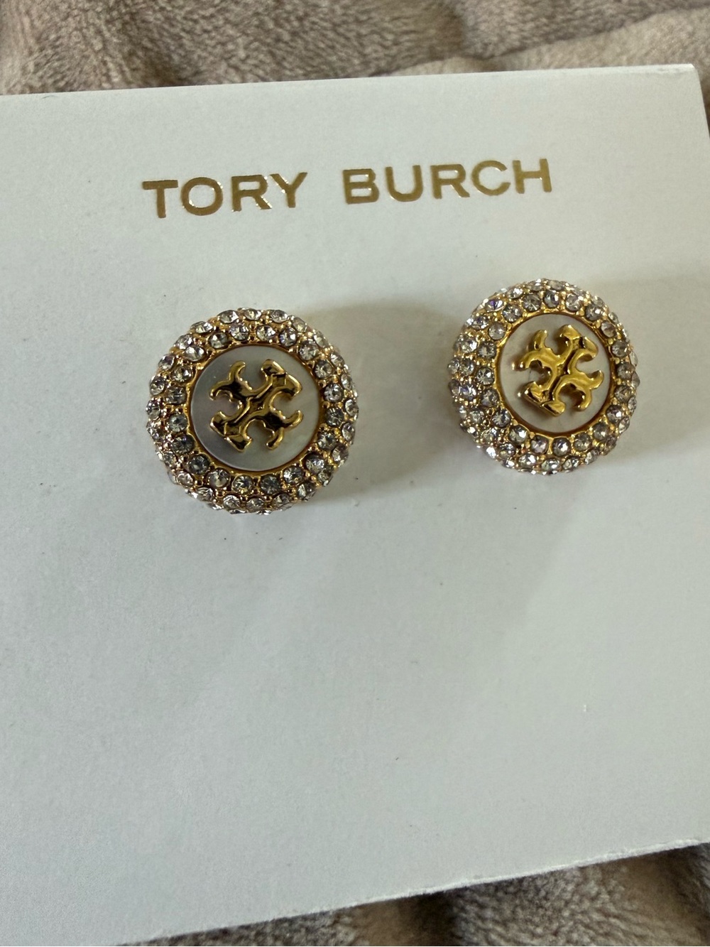 NWT Tory Burch Mother Of Pearl Crystal Stud Diamond Earrings MSRP $150